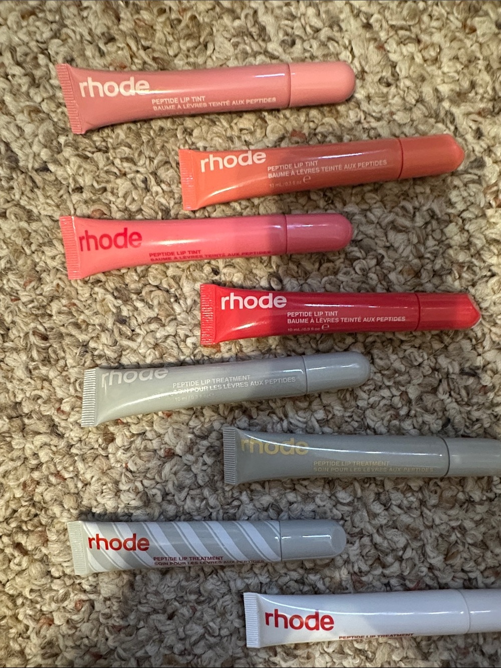 RHODE Lip Tint & Treatment Set — Pink, Coral, Red, Gray, White Tubes